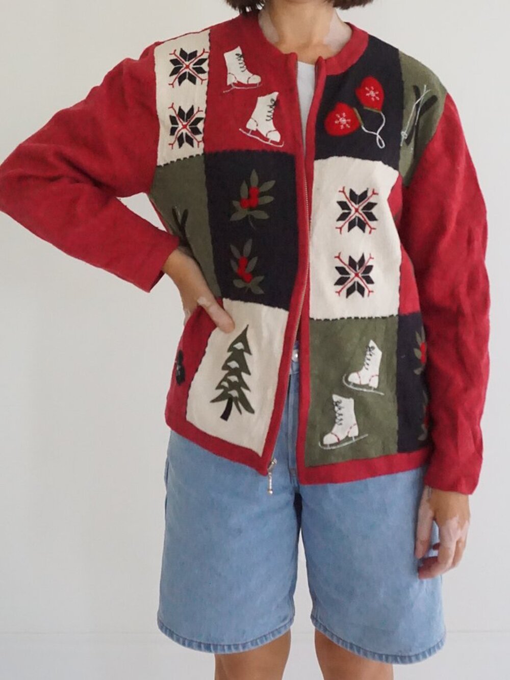 Vintage Croft Barrow Red Green Ice Skates Mittens Snowflake Christmas Cardigan L